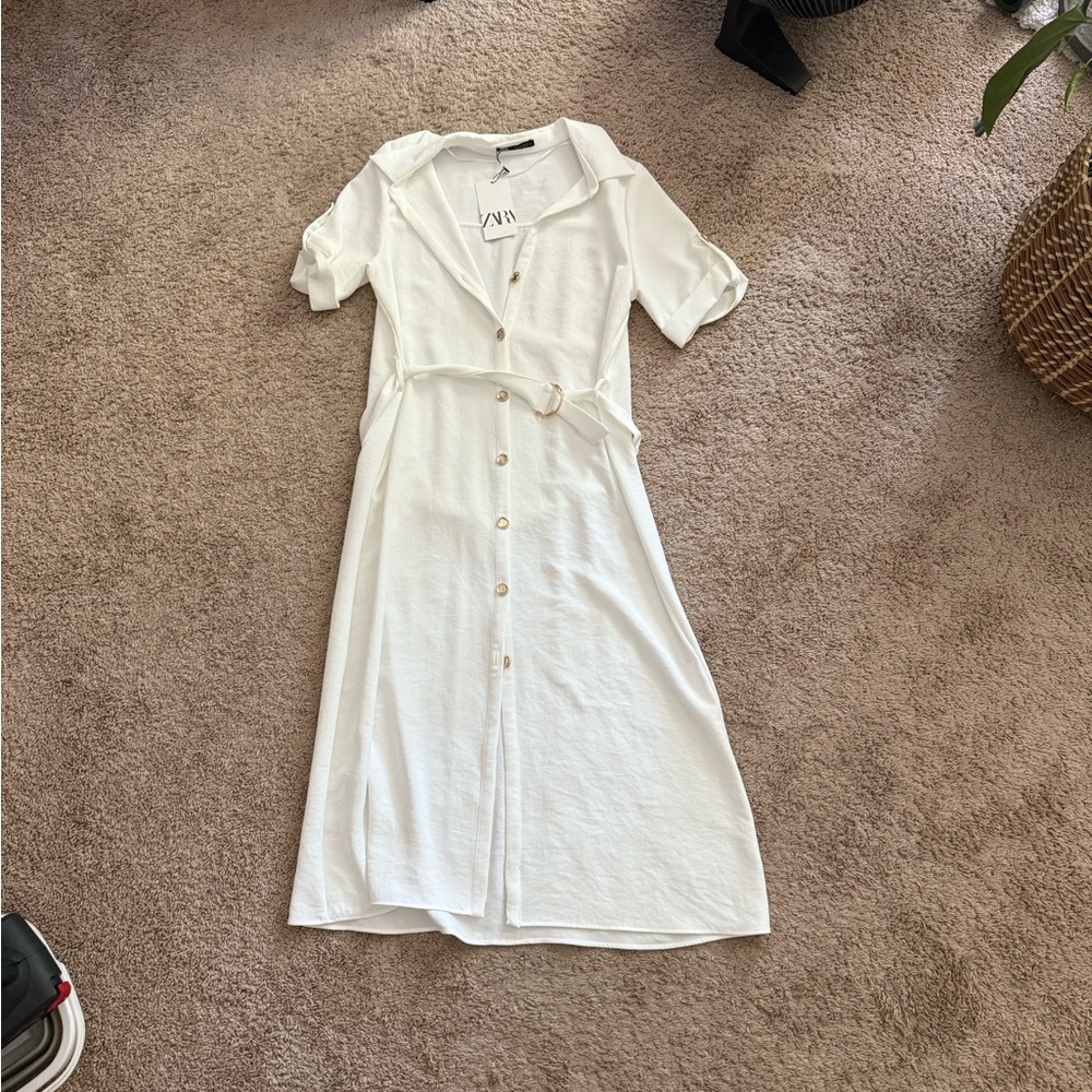 NEW Zara White Button-Up Midi Dress